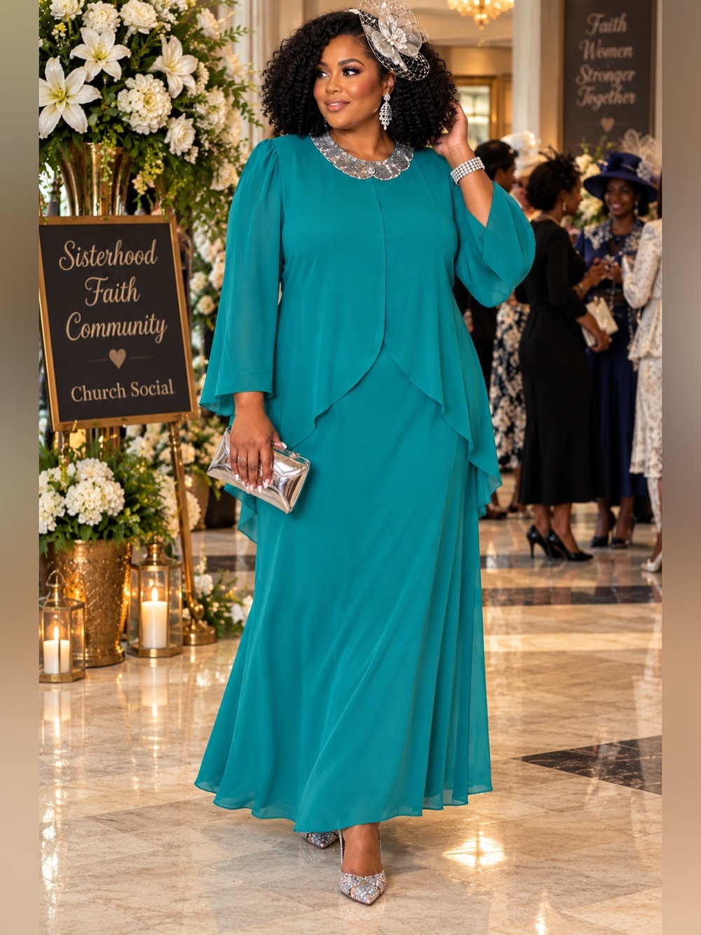Miss Elliette Vintage Teal Chiffon Beaded Sequin Formal Gown Size 22